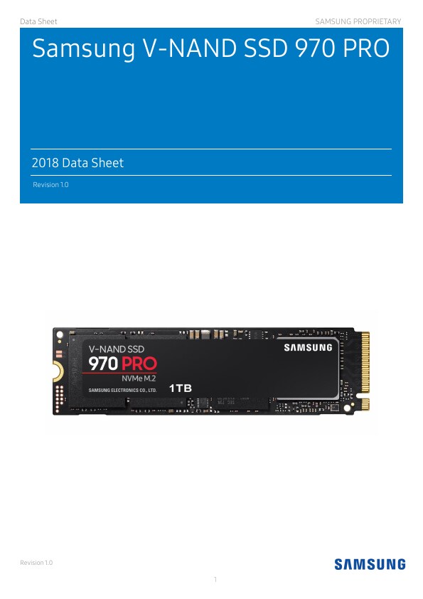 SAMSUNG 970 PRO M.2 2280 1TB PCIe Gen3. X4, NVMe 1.3 64L V-NAND 2-bit MLC  Internal Solid State Drive (SSD) MZ-V7P1T0BW 