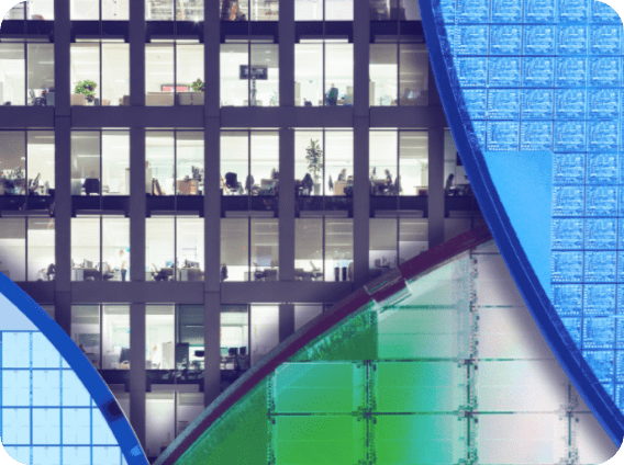 An architectural view of an office tower at night combined with detailed sections of semiconductor wafers.