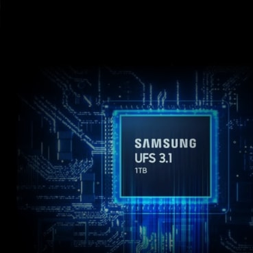 展示了三星UFS 3.1 1TB内存芯片，并配有蓝图风格的数字背景。