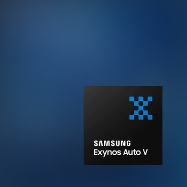 三星Exynos Auto V9处理器在纯蓝色背景下展示。