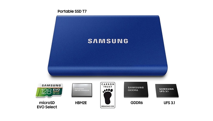白色背景中列出三星便携式固态硬盘 T7,碳信托 CO2 减排标识,128GB EVO Select,HBM2E,HBM2E Flashbolt,GDDR6,UFS3.1 产品