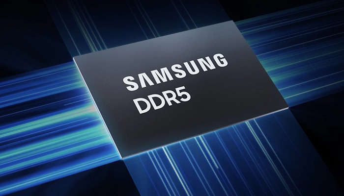 三星 DDR5 芯片的透视视图，背对与线条连接的许多粒子的图像。