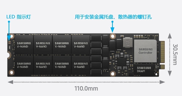 NF1 外形尺寸的 PM983 NVMe™ SSD尺寸为：长度 110.0mm，高度 30.5mm，带用于金属托盘散热器和 LED 指示灯的螺丝孔。