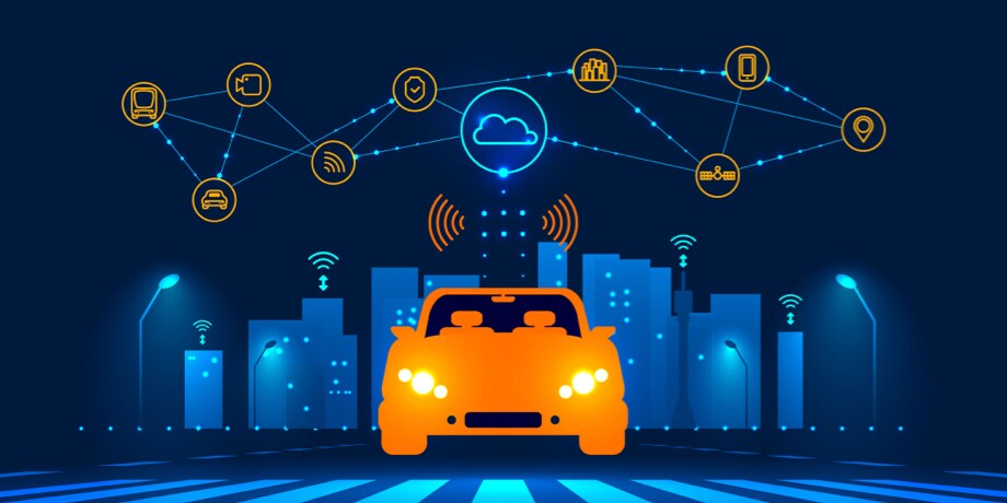 Illustration of a car from the front, connectivity, and cityscape.