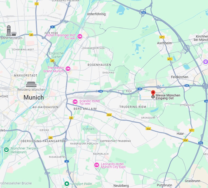 A map of Munich highlighting Messe München East Entrance.