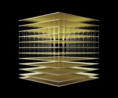 An abstract digital rendering of memory technology, showing a multi-layered structure in gold tones.