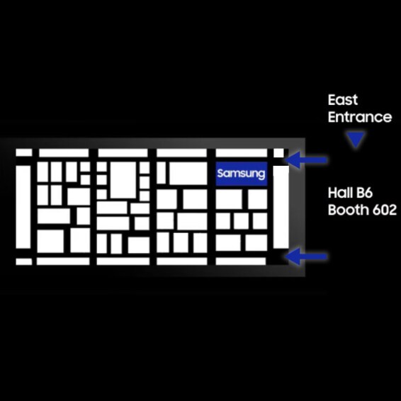 Floor plan with Samsung’s booth highlighted in Hall B6, positioned close to the east entrance.