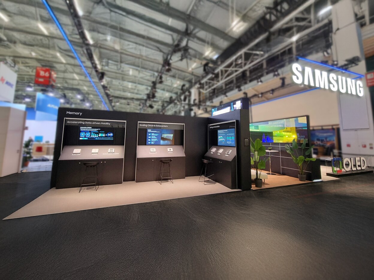 Samsung Semiconductor booth at Electronica 2024, displaying advanced memory technology for automotive, cloud, and datacenter applications.