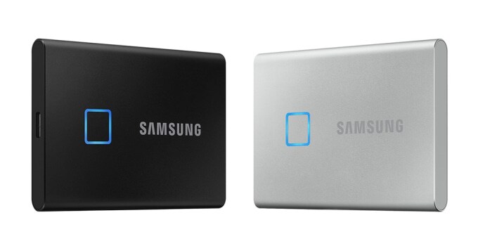 삼성 포터블 SSD 'T7 Touch' 검정색과 은색의 정면 이미지입니다. 