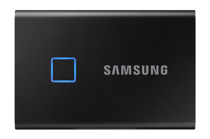삼성 포터블 SSD 'T7 Touch' 검정색의 정면 이미지입니다. 