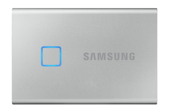 삼성 포터블 SSD 'T7 Touch' 은색의 정면 이미지입니다. 