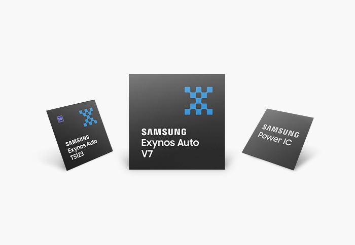 From the left to Samsung Exynos Auto T5123, Exynos Auto V7, the image with Power IC chips.