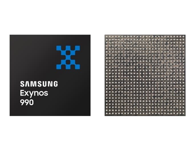 삼성전자 모바일AP ‘엑시노스(Exynos) 990’의 앞뒷면을 가로로 배치한 이미지
