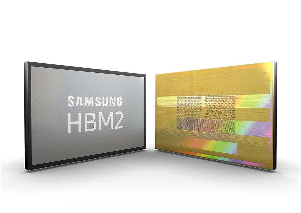 삼성전자 ‘2세대 8GB HBM2 D램’의 앞뒷면을 비스듬하게 배치한 이미지