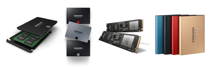 (왼쪽부터) 삼성전자 SSD ‘860 EVO’, ‘860 PROlEVOlQVO’, ‘970EVO Plus’, ‘T5’