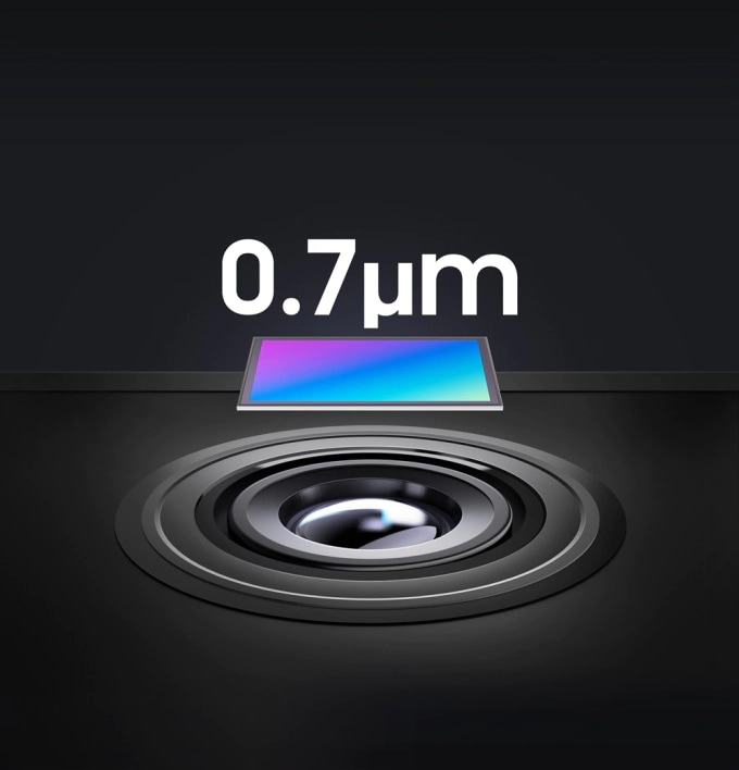 검정색 배경인 카메라 렌즈 위에 위치한 0.7μm 픽셀 기반의 아이소셀에 대한 이미지입니다. 