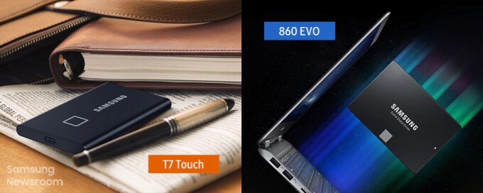 재택 근무에 알맞은 업무용 SSD, 860 EVO와 포터블 SSD T7 Touch의 이미지입니다. 