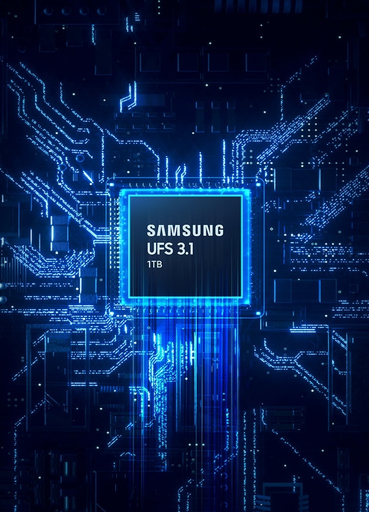 삼성 UFS 3.1 1 TB 칩 이미지이다. 칩 뒷면은 파란색으로 연결된 칩이 활용되고 있다.
