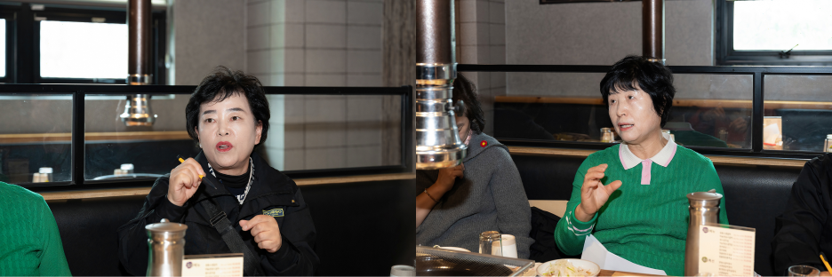 발언 중인 동탄1동 사회단체협의회장 박진희 위원(좌측)과 반월동 사회단체협의회장 김장녹 위원(우측) 