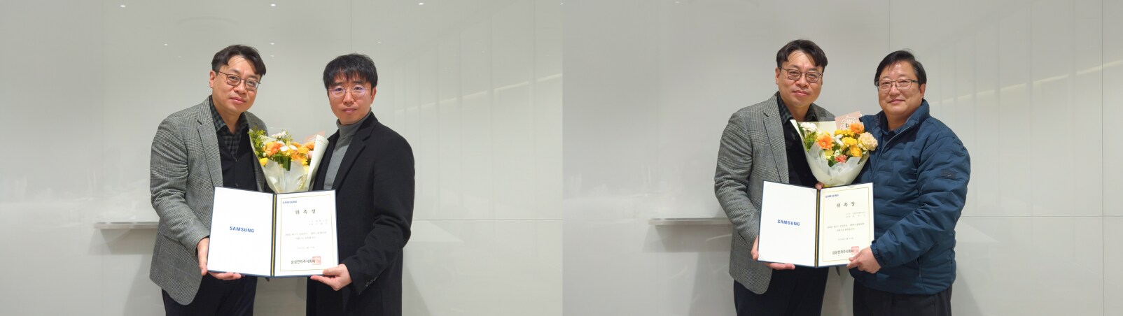 위촉장을 받고 기념 촬영을 하는 신인철 의장과 조왕준 위원(왼쪽), 신인철 의장과 최실근 위원(오른쪽)