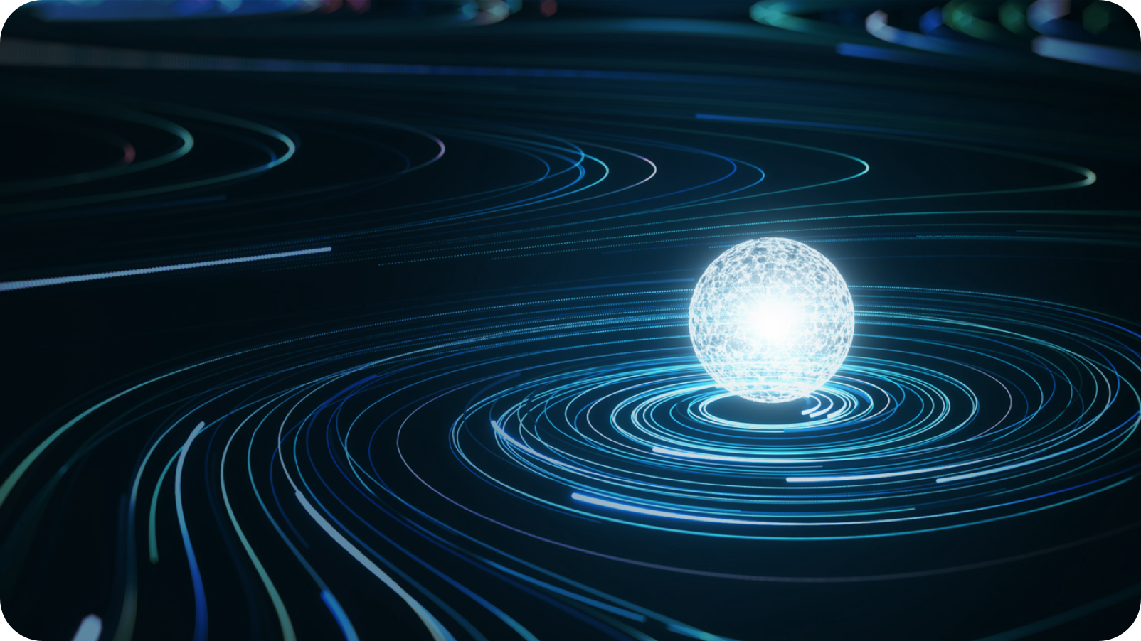 A glowing sphere with a ripple effect on a digital wave-patterned surface, conveying a sense of advanced technology