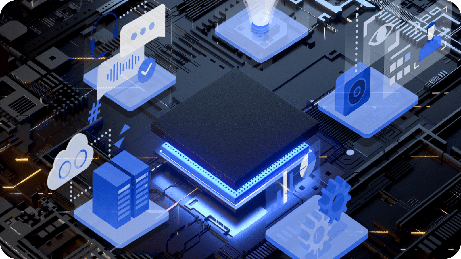 a stylized central processing unit (CPU) with holographic icons representing technology and data concepts, set against a backdrop of a circuit board