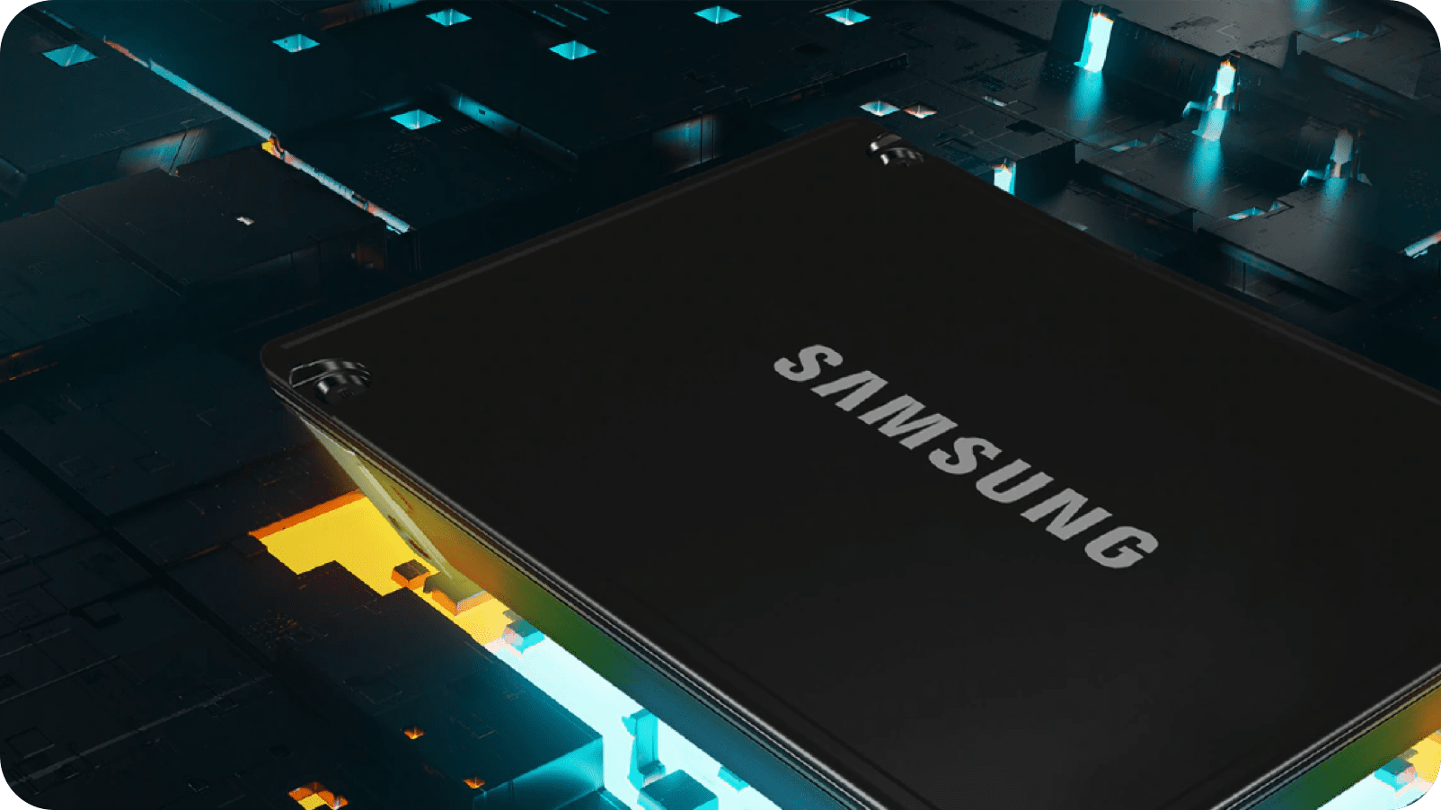 A close-up of a Samsung SSD with a dynamic, illuminated digital environment in the background