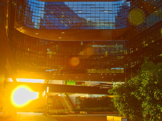 a view of the company building at dusk