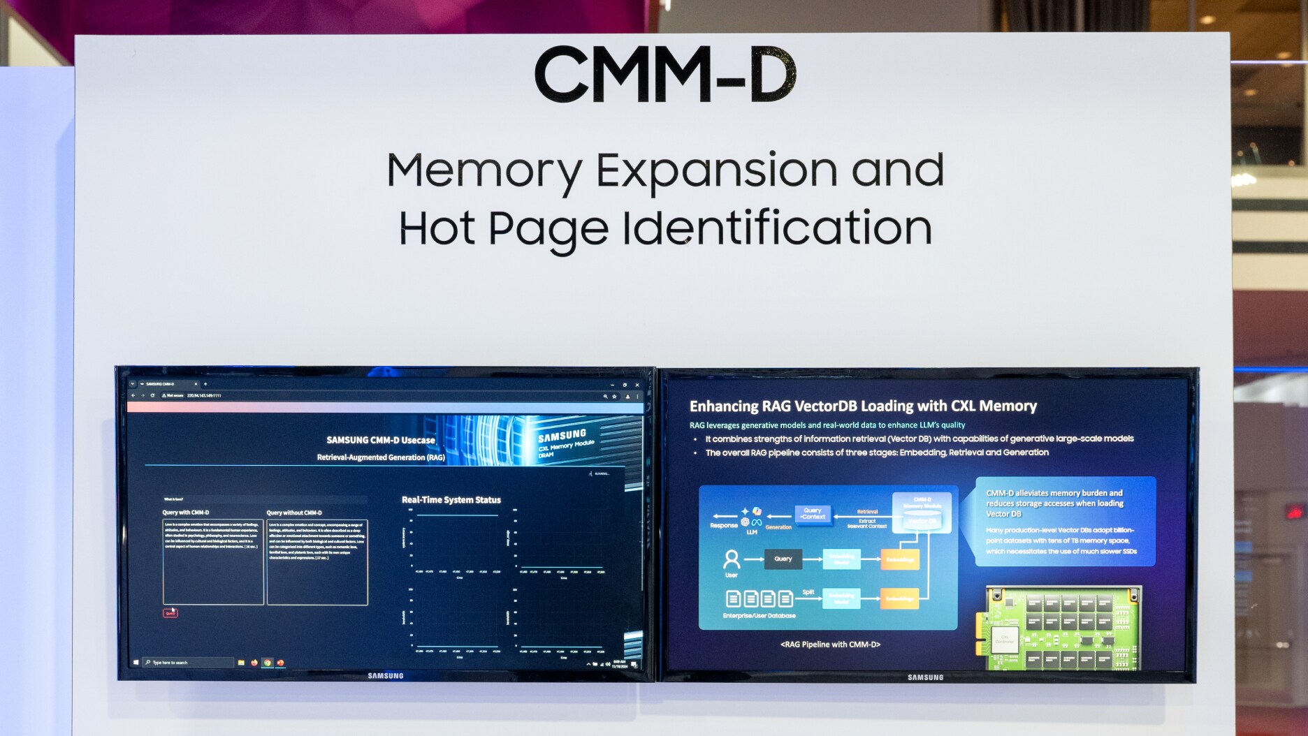 A display showcasing Samsung’s CMM-D technology for memory expansion and hot page identification