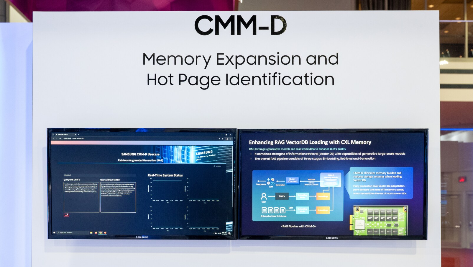 A display showcasing Samsung’s CMM-D technology for memory expansion and hot page identification