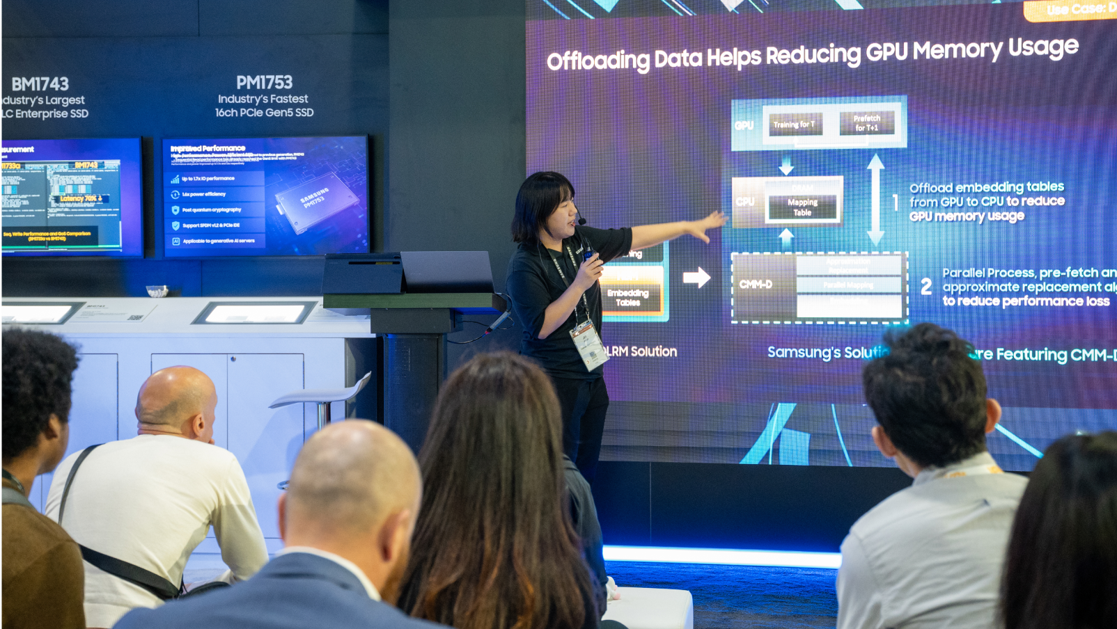 A presenter explaining Samsung’s CMM-D solution with diagrams showing how data offloading reduces GPU memory usage.