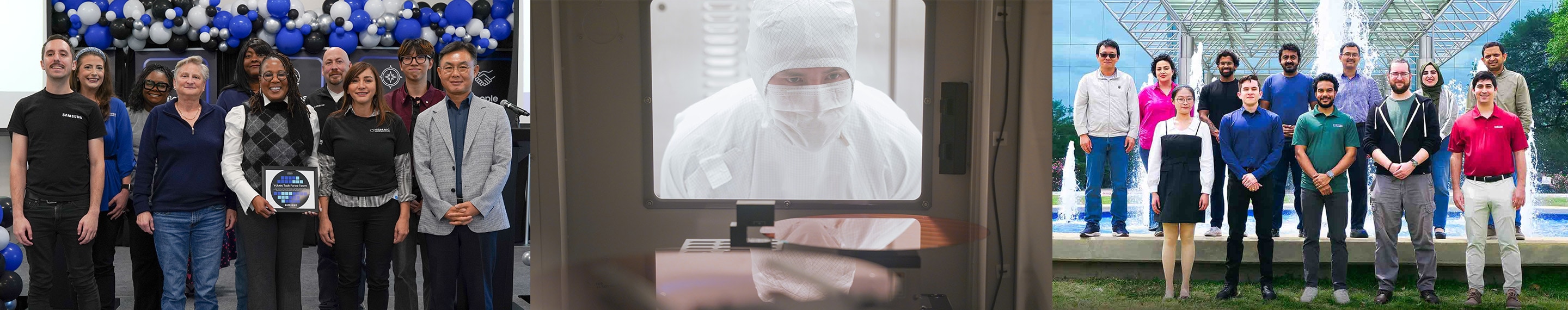 A collage of three photos showing a group of people at an event, a person in a cleanroom suit seen through a window, and a team posing by a water fountain.