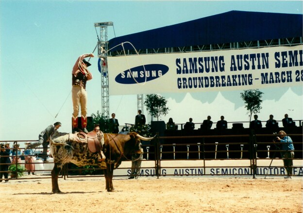 A rodeo taking place at Samsung Austin Semiconductor's groundbreaking ceremony in Austin, Texas, on March 28, 1996.