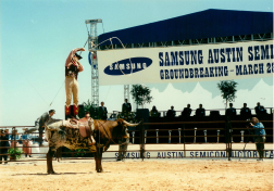 A rodeo taking place at Samsung Austin Semiconductor's groundbreaking ceremony in Austin, Texas, on March 28, 1996.