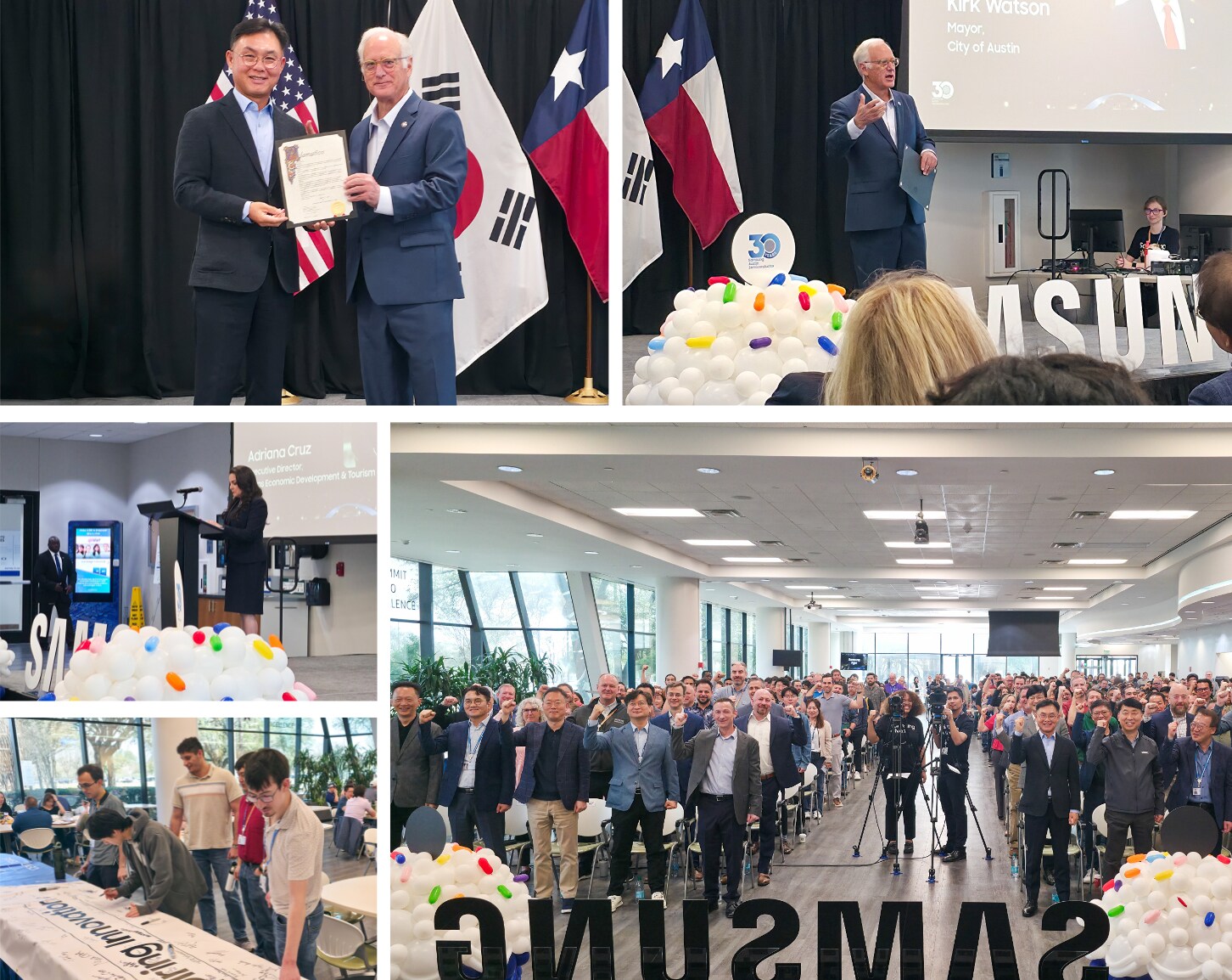 Clockwise from top left: Bonyoung Koo, president of Samsung Austin Semiconductor, receiving the Proclamation from Austin Mayor Kirk Watson; Austin Mayor Kirk Watson; Samsung Austin Semiconductor employees; Samsung Austin Semiconductor employees signing the 30th banner; and Adriana Cruz, executive director of Texas Economic Development & Tourism.