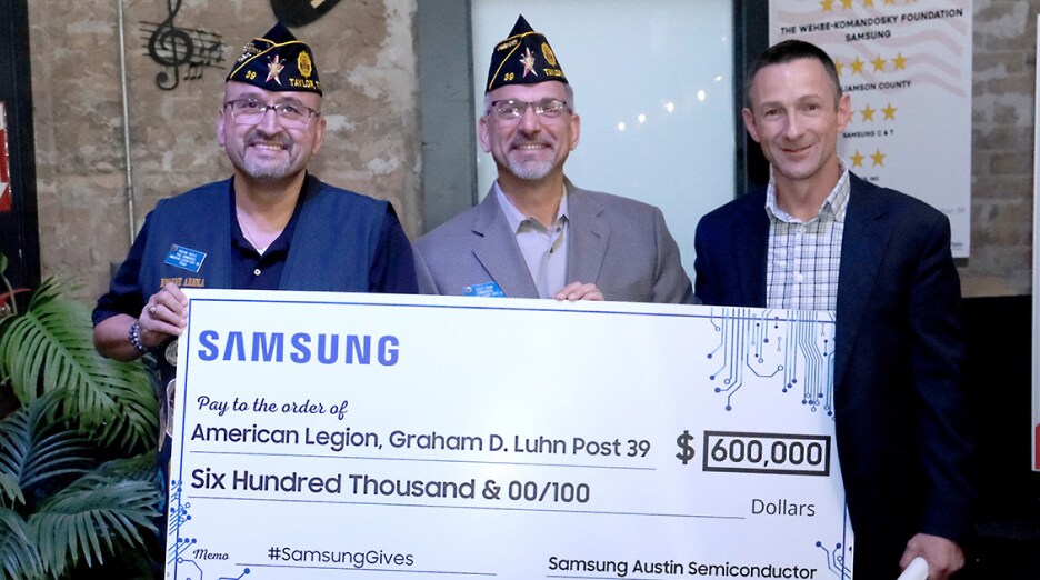 Samsung Austin Semiconductor announced a $600,000 donation to the American Legion Graham D. Luhn Post 39’s Big Event Renovation Campaign at a community event in downtown Taylor, Texas on Feb. 25. 