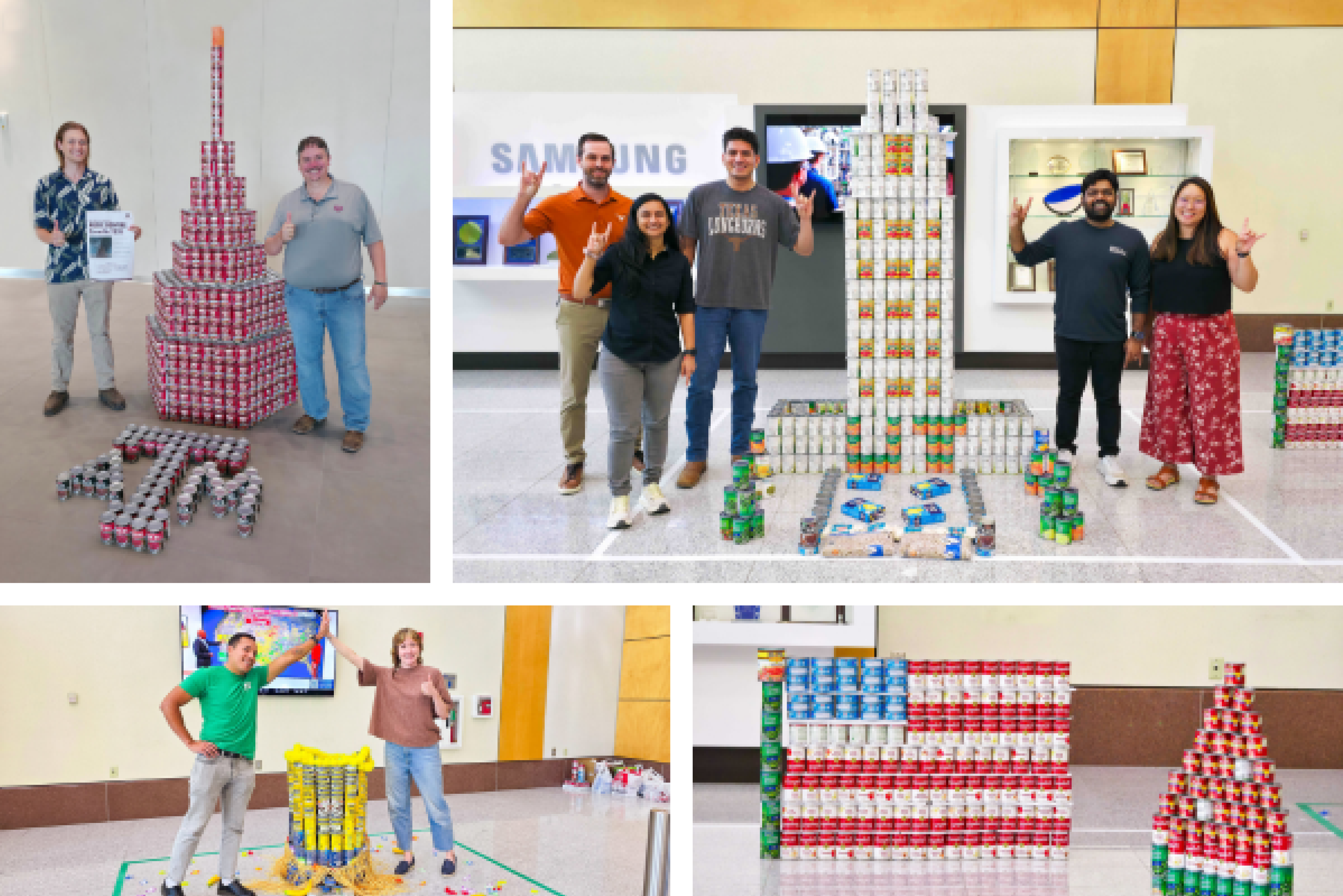A four-panel collage showcasing diverse Samsung employee teams and their intricate canned-food sculptures, including Texas A&M bonfire, UT Tower, American flag and watermelon slice, and a Minion.