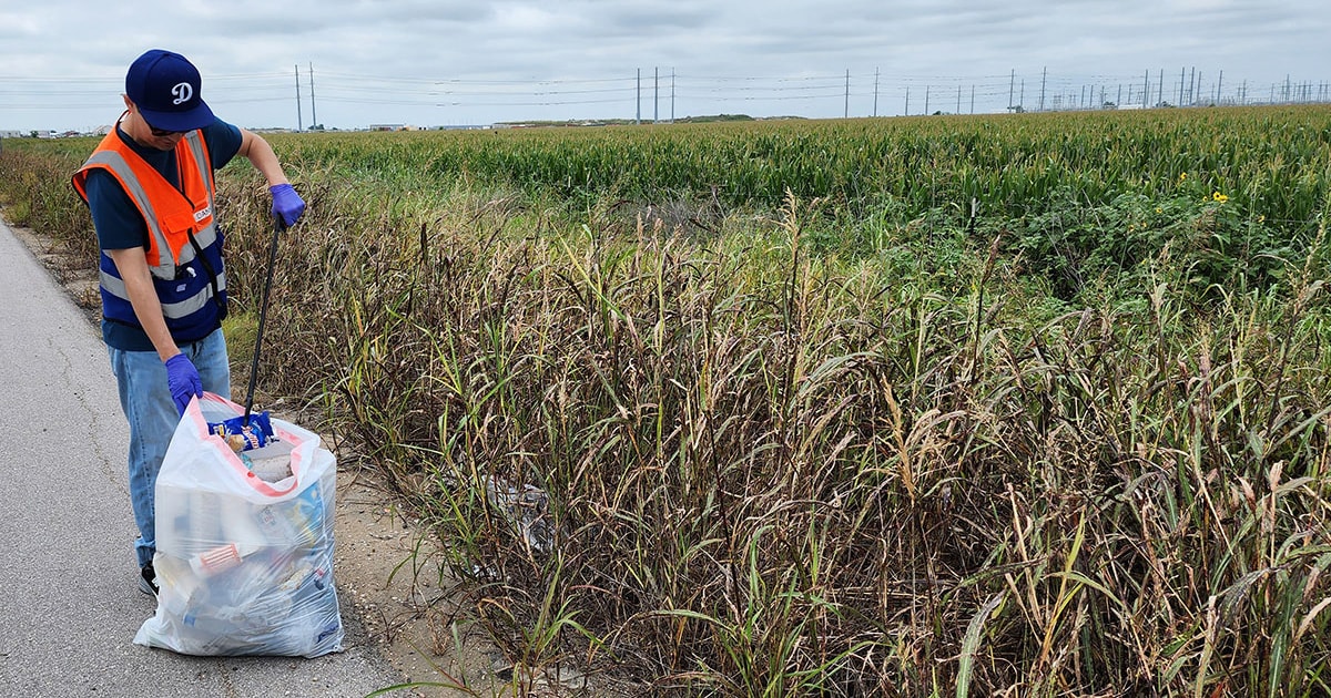Employees participate in a roadside cleanup activity, collecting litter along a rural roadside as part of a community volunteer initiative.