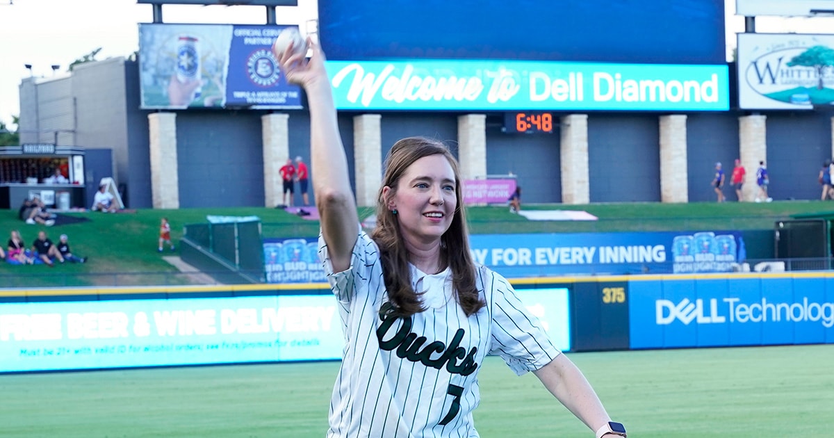 Taylor ISD superintendent Dr. Jennifer Garcia-Edwardsen throwing out the first pitch in 2024.