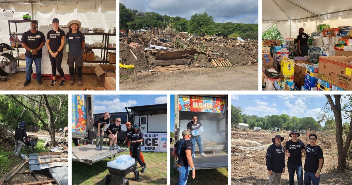 Samsung Austin Semiconductor employees volunteering with flood recovery efforts.