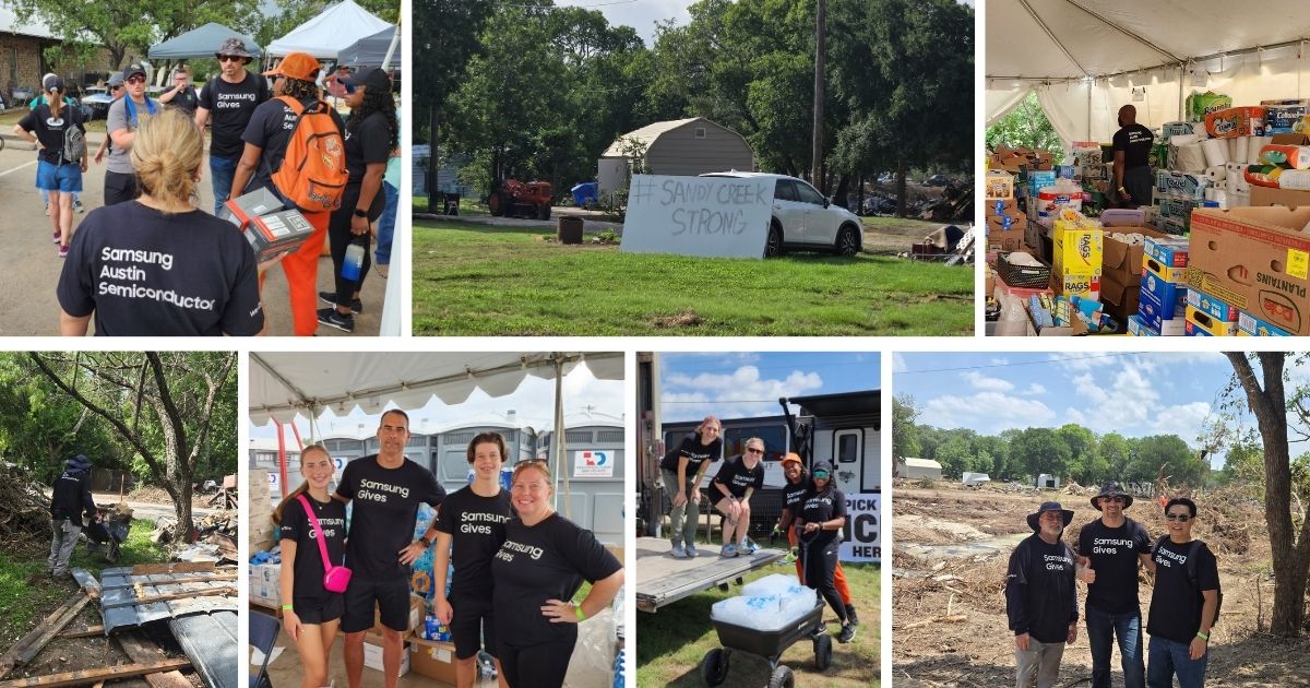 Samsung Austin Semiconductor employees volunteering in the Sandy Creek area of northwest Travis County. Clockwise from top left: Volunteers getting their assignments at Round Mountain Baptist Church; #SandyCreekStrong sign in the Sandy Creek area; volunteer organizing donations; volunteer removing debris from a homeowner’s yard; volunteers helping distribute ice; volunteers helping homeowners in the Sandy Creek area. 