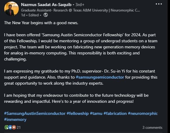 A post about receiving the 'Samsung Austin Semiconductor Fellowship' for mentoring undergrads and working on new memory devices at Texas A&M University