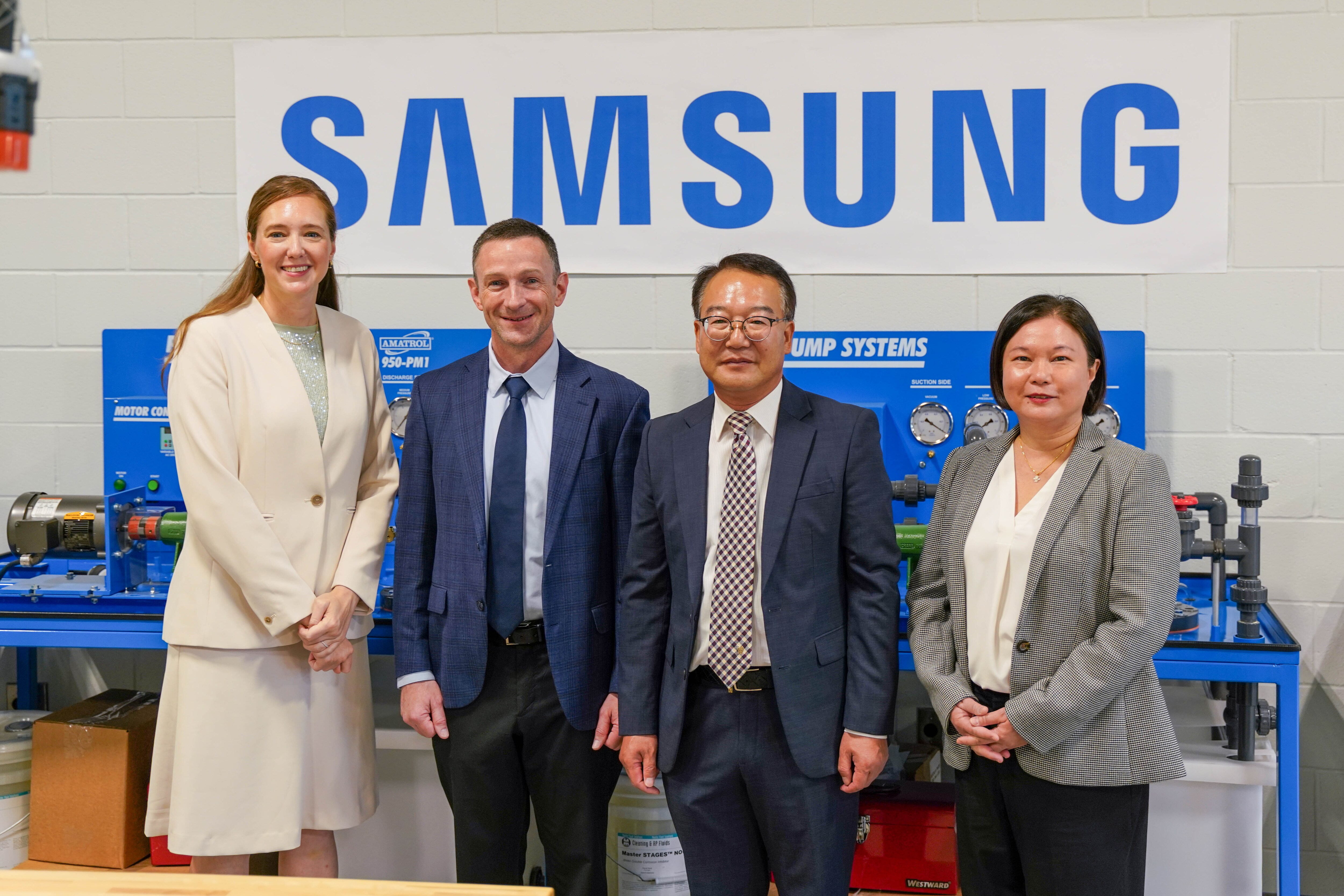 (left to right) Taylor ISD Superintendent Dr. Jennifer Garcia-Edwardsen joins Samsung Austin Semiconductor Executive Vice President Jon Taylor, Corporate Executive Vice President Jeffrey Go, and Head of Workforce Development Kwee Lan Teo in a CTE tour.