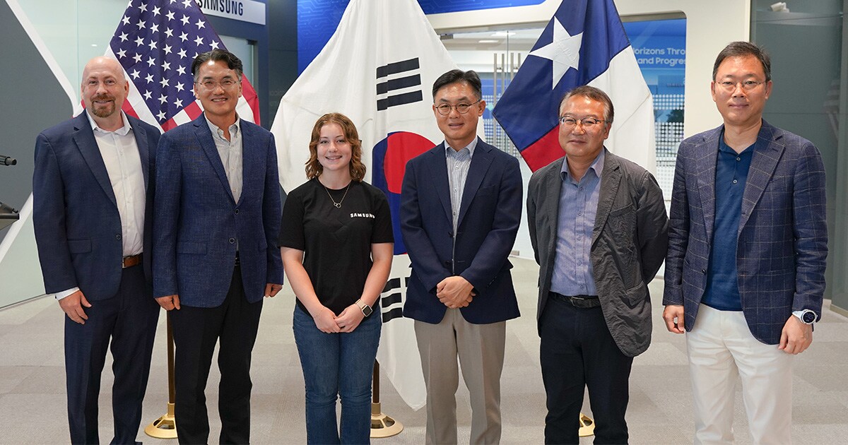 Eva Neil with Samsung Austin Semiconductor’s executives. From left to right: David Gentry, Byung Goo Jeon, Eva Neil, Bonyoung Koo, Jeffrey Go, Youngil Choi. 
