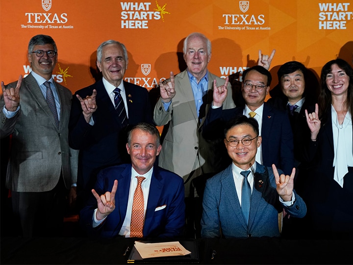 Samsung Austin Semiconductor executives and UT leadership at the partnership announcement on Sept. 1, 2023. 