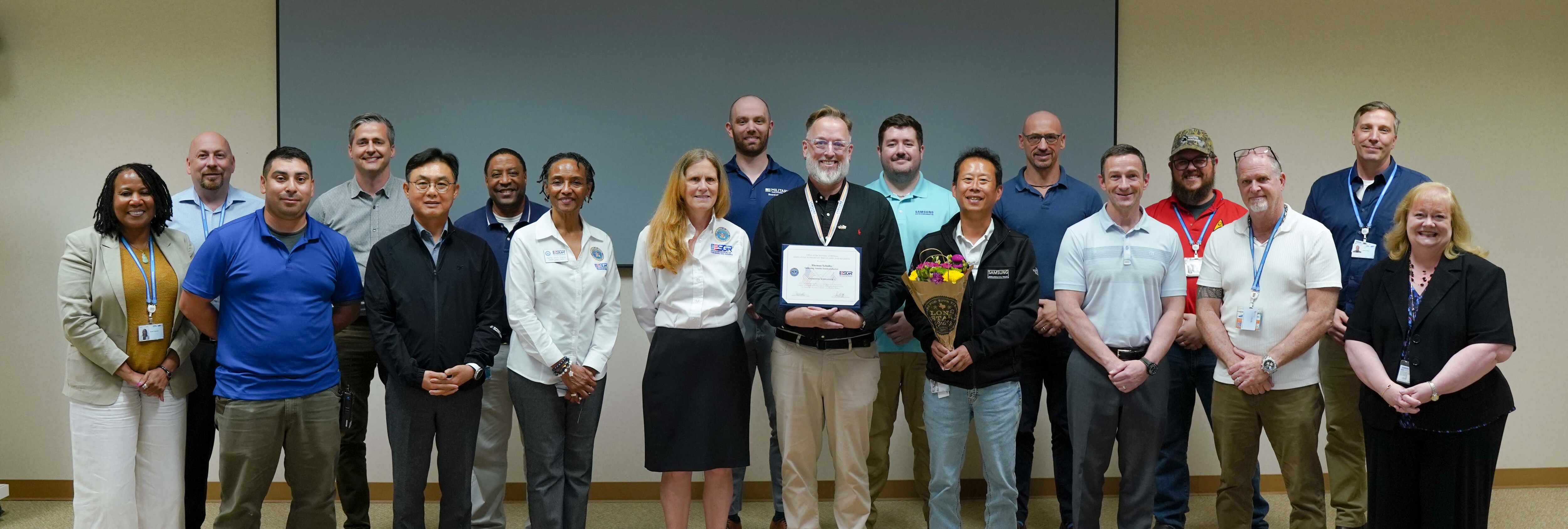 The Texas Employer Support of the Guard and Reserve presented Tom Schultz with the Patriot Award on May 21, 2024 in front of Samsung Austin Semiconductor executives, leaders and members of the Military Appreciation Group.