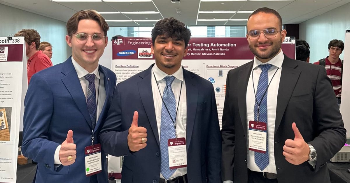 Texas A&M students whose project took home first place at the Texas A&M Engineering Showcase. From left to right: William Appelt, Amrit Nanda and Hamzah Issa. (Courtesy: William Appelt)