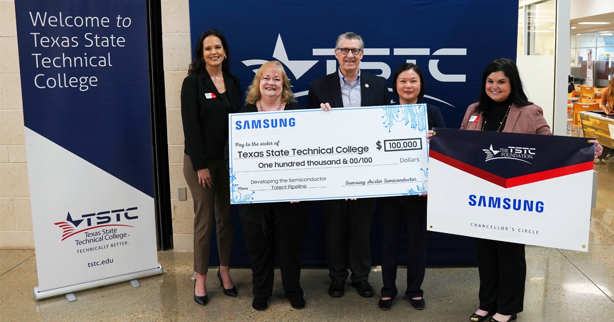 Kwee Lan Teo, fourth from left, presenting Texas State Technical College with $100,000 investment in 2024.