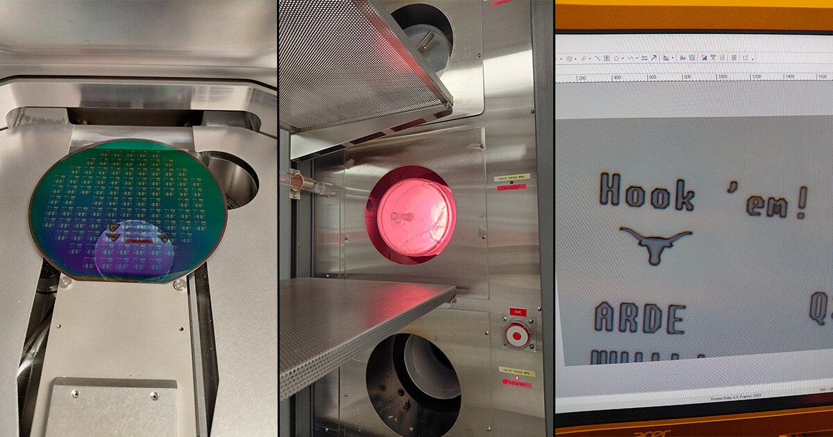 From left to right: Wafer that Bharadwaj is working; furnace in the UT lab while it was running; and a small longhorn logo that Bharadwaj fabricated in the lab.