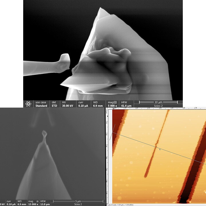 Chen’s research project from left to right: AFM scan of deep trench samples that simulates high aspect ratio trenches in semiconductor devices; SEM image of modified high aspect ratio AFM tip for sidewall imaging in torsional mode; and SEM image of successful tip transfer from one AFM probe to another from focused ion beam and Pt disposition. 